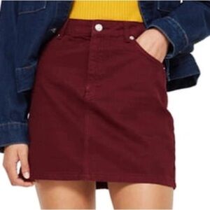 Topshop Bordeaux Burgundy Denim Mini Jean Skirt Zipper Cotton Trendy Casual 8